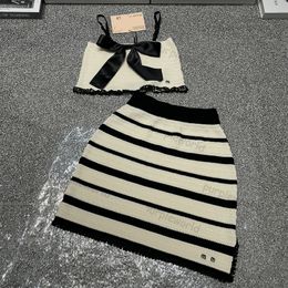 Stripe Women Two Piece Dress Sleeveless Vest Elastic Waist Short Pleated Skirt