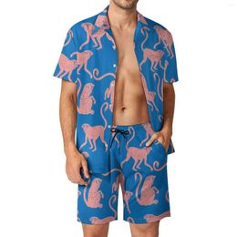 Men's Tracksuits Monkey Print Men Sets Pink Animal Casual Shirt Set Trendy Beach Shorts Summer Custom Suit Two-piece Clothing Big Size