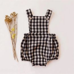 One-Pieces Newborn Baby Boy Girl Romper For 02Y Summer Cotton Linen Baby Jumpsuit Plaid Sleeveless Backless Solid Baby Outfits Clothes