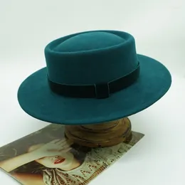 Berets French Elegant Retro Blue-green Wool Concave Top Fall Winter Fedora Hat For Women Designer Custom Casual Felt High Quality