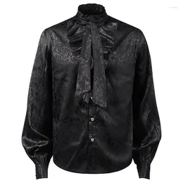 Men's Dress Shirts Black Floral Pattern Ruffles Stand Collar Punk Gothic Cosplay Shirt Men Renaissance Mediaeval Clothing Halloween Retro