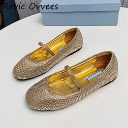 Casual Shoes Spring Shiny Full Diamond Flat Mary Jane Women Genuine Leather Round Toe Elastic Band Ballet Fashion Single