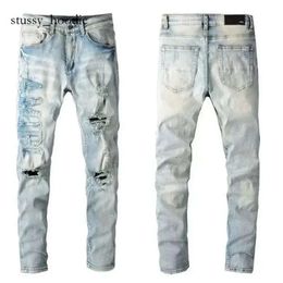 Man Pants Black Skinny Stickers Light Wash Amri Jeans Ripped Motorcycle Rock Revival Joggers True Religions Amri Men High Quality Brand Trousers Jeans 1029