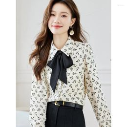 Women's Blouses 2024 Spring And Autumn Fashion Bow Print Long Sleeved Chiffon Shirt Top Casual Style Slimming