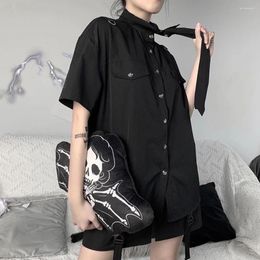 Women's Polos Gothic Shirt Women Japaneses Style Chic Tie Black Shirts 2024 Streetwear Harajuku Girl Summer Tops Loose Pockets Preppy