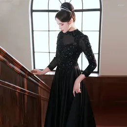 Party Dresses Sweet Memory Elegant Satin Evening Black Zipper Back A-Line Floor Length Gown Girl Full Sleeves Formal Dress Long