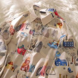 Shirt Khaki Cartoon House Painting Y2K Shirts Turndown Collar Blouse Cute Summer Hawaii Tops Teenage Couples Loose Casual Harajuku