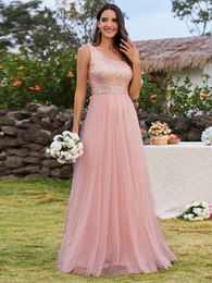 Party Dresses Elegant Evening Maxi Long Sequin One Shoulder Tulle Sleeveless 2024 Ever Pretty Of Pink Bridesmaid Dress