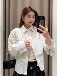 Women's Blouses Women White Shirt Floral Embroidery Hollow Out Covered Buttons Turn-down Collar Elegant Female Blouse Spring 2024