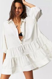 Casual Dresses Women Shirt Dress Summer Button Down Three Quarter Sleeve Short Mini Solid Color Loose Holiday Beach