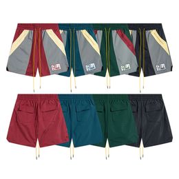 Trendy RHUDE Colour Blocking Micro Label Tied Casual Shorts for Men and Women High Street Beach Sports Capris