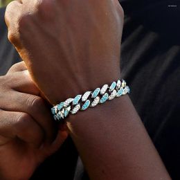 Link Bracelets Hip Hop Blue Miami Cuban Bracelet For Men Iced Out Chain Silver Colour Full Rhinestones Women Jewellery