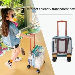 Luggage New Kids Suitcases Transparent Luggage Cartoon 14 inch Trolley Case Lightweight Universal Wheel Travel Suitcase Lazy School bag