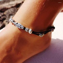 Anklets Explosive Double Layer Leather Rope Ankle Bohemian Style Silver Feather Simple Beaded Beach