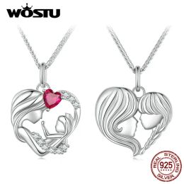 Necklaces WOSTU 925 Sterling Silver Mother and Child Daughter Necklaces Heartshape Pendant Chain for Women Fine Jewelry Mother Wife Gift