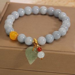 Strand Handmade Aquamarine Stone Bracelets Decorated With Jade Leaf