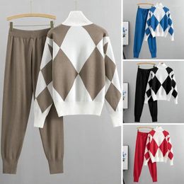 Women's Two Piece Pants Ladies Two-piece Suit Women Knit Geometric Print Sweater Set With High Collar Neck Long Sleeve Knitted Top For