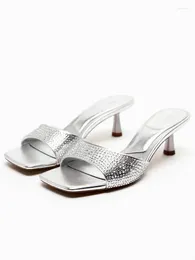 Slippers Summer Fashion High Heels Square Head Shoes For Women Rhinestone Sandals Patent Leather Peep Toe Sandalias Femininas