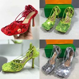 Net Runway Mesh Thin High Heel Sandals Women Square Toe Ankle Strappy Gladiator Sandalias Summer Glittery Party Nightclub Shoes