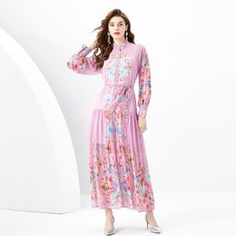 Chiffon Floral Print Stand Mock Neck Bow Tie Lantern Sleeve Women Loose Oversized Long Shirt Dresses Casual Party Holiday Spring Summer Fall Wholesale Dropshipping