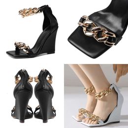 Summer New Wedge Sandals Metal Chain Sexy High-heeled Square Toe Fish Mouth Party Women's Shoes
