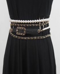 Belts Women039s Runway Fashion Pu Leather Chain Pearl Cummerbunds Female Dress Coat Corsets Waistband Decoration Belt R35548228104