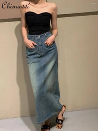 Skirts Washed A- Line Skirt 2024 Summer Fashion Mid-Length Retro Slim High Waist Denim Women Elegant Commute Midi