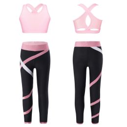 Sets Children Girls Jogging Suit Sports Sets, Cross Shoulder Straps Crop Top with Leggings Yoga Fitness Outfit Running Tracksuits