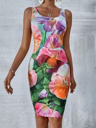 Casual Dresses Fashion Style Amazon Sexy Selling Slim-Fit Slim Looking Sleeveless Printed Flower Dress