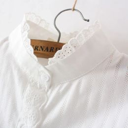 Shirt Women Lace White Shirts Summer Spring Longsleeve Ruffled 100% Cotton Slim Soft Blouse Tops 0.15 Kg