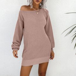Casual Dresses Women Sweater Dress Off Shoulder Chunky Knit Thick Mini Pullovers Turtleneck 2024 Autumn Winter High Collar Sweaters