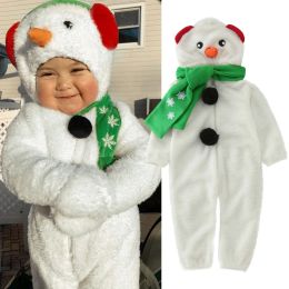 One-Pieces Christmas Snowman Costume for Baby Boys Girls Warm Romper Cartoon Snowsuits Cosplay Hooded Fleece Costume Jumpsuit Scarf Outfits