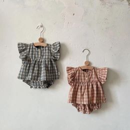 Clothing Sets 2024 Summer Baby Girls Kids Cothes Plaid Flying Sleeve Two-button Top Shorts 2Pcs Suit For Toddler Girl Boutique Outfits