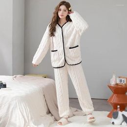 Women's Sleepwear Winter Women Pyjamas Set Turn-down Collar Warm Flannel Pyjama Casual Mom Pyjamas Homewear Cloth