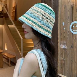 Berets Japanese Retro Striped Bucket Hats For Women Spring Summer Hollow Basin Cap Casual Versatile Knit Panama Hat Sombreros De Mujer