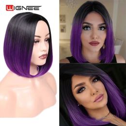 Wigs Wignee Short Straight Bob Hair Synthetic Wigs For Women 2 Tone Ombre Colour Wigs Blue/BUG/Green/Ash Blonde Glueless Cosplay Hair