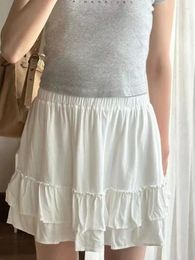 Skirts Casual Women White Cake Mini 2024 Summer Vintage Elastic Waist Solid Colour Female Chic Bottoms