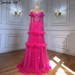 Party Dresses Wasisi Muslim Fuschia Luxury Evening Gowns 2024 A-Line Beaded Tiered For Women FLA70986