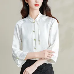 Women's Blouses Satin Shirts Spring/summer Flower Chinese Style Loose Long Sleeves Vintage Women Tops Fashion Clothing YCMYUNYAN