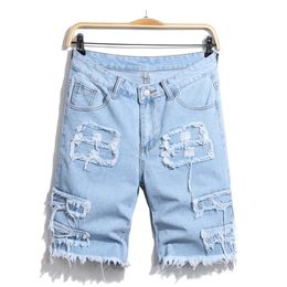 Streetwear Summer Men Holes Patch Spliced Denim Shorts Stylish Solid Male Casual Straight Jean Fivepoint Pants 240423