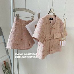 Shorts Sets 2 Piece Womens Outifits O Neck Pink Tweed Jacket Femme Crop Cardigan Tops Korean Coat Short Pant Suit 240419