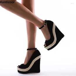 Dress Shoes Ronticool 2024 Handmade Women Pumps Rope Ankle Strap Buckle Wedges Heel Round Toe Black Party US Plus Size 5-20