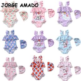 Swimwear New Summer Children's 1pcs Swimwear for Girls Baby Swimsuits Onepiece Sling Swimming Suits+Swimming Cap Kids Clothes E1021