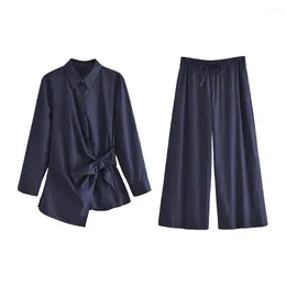 Women's Two Piece Pants UNIZERA 2024 Autumn/Winter Product Fashion Casual Long Sleeve Tie Shirt Mid Waist Wide Leg Set