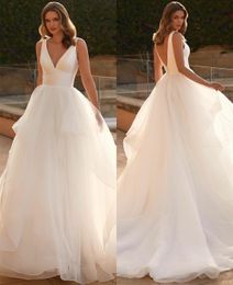 Elegant Long Tulle V-Neck Wedding Dresses with Ruffles A-Line Ivory Sweep Train Covered Back Simple Bridal Gowns for Women