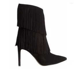 Boots Women Tassel Brown Black Pointed Toe High Heel Fringe Mid Calf Stiletto Sexy Winter Shoes 34-46 Street Style