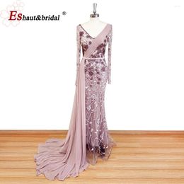 Party Dresses Elegant Dubai Mermaid Lace Evening Dress For Women 2024 Long Sleeves V Neck Crystal Chiffon Skirt Formal Prom Wedding Gown