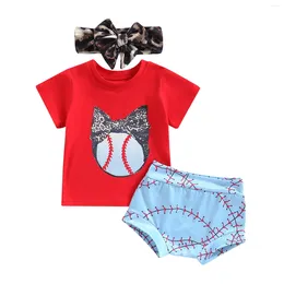 Clothing Sets Baby Girl Summer Clothes Suits Leopard Baseball Print Short Sleeve Crew Neck T-Shirts Shorts Headband 3Pcs Set