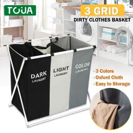 Baskets Foldable Laundry Basket 3 Section Dirty Clothes Hamper Large Laundry Clothes Basket Storage with Lid Laundry Room Toy Organizer