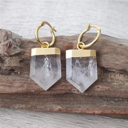 Dangle Earrings FUWO 1Pairs Carved Shield Shape Clear Quartz Golden Plated Handmade Natural White Crystal Jewellery ER211